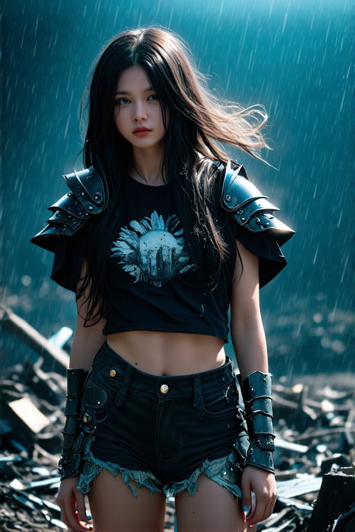 A Banshee-inspired K-pop girl, her black hair now golden in the surreal lighting, stands amidst a post-apocalyptic debris field, her soaked T-shirt clinging to her body. Water droplets glisten on her skin as she wears ornate armor-hot pants combo, her long hair flowing like the wind. Her hopeful gaze pierces through the darkness, surrounded by shadows and rain. A bokeh of water effects creates a dreamy atmosphere, reminiscent of Midsommar's eerie landscapes. Fujifilm Provia 400X captures every detail, from the realistic skin tones to the dramatic composition, as if frozen in an award-winning photography moment.