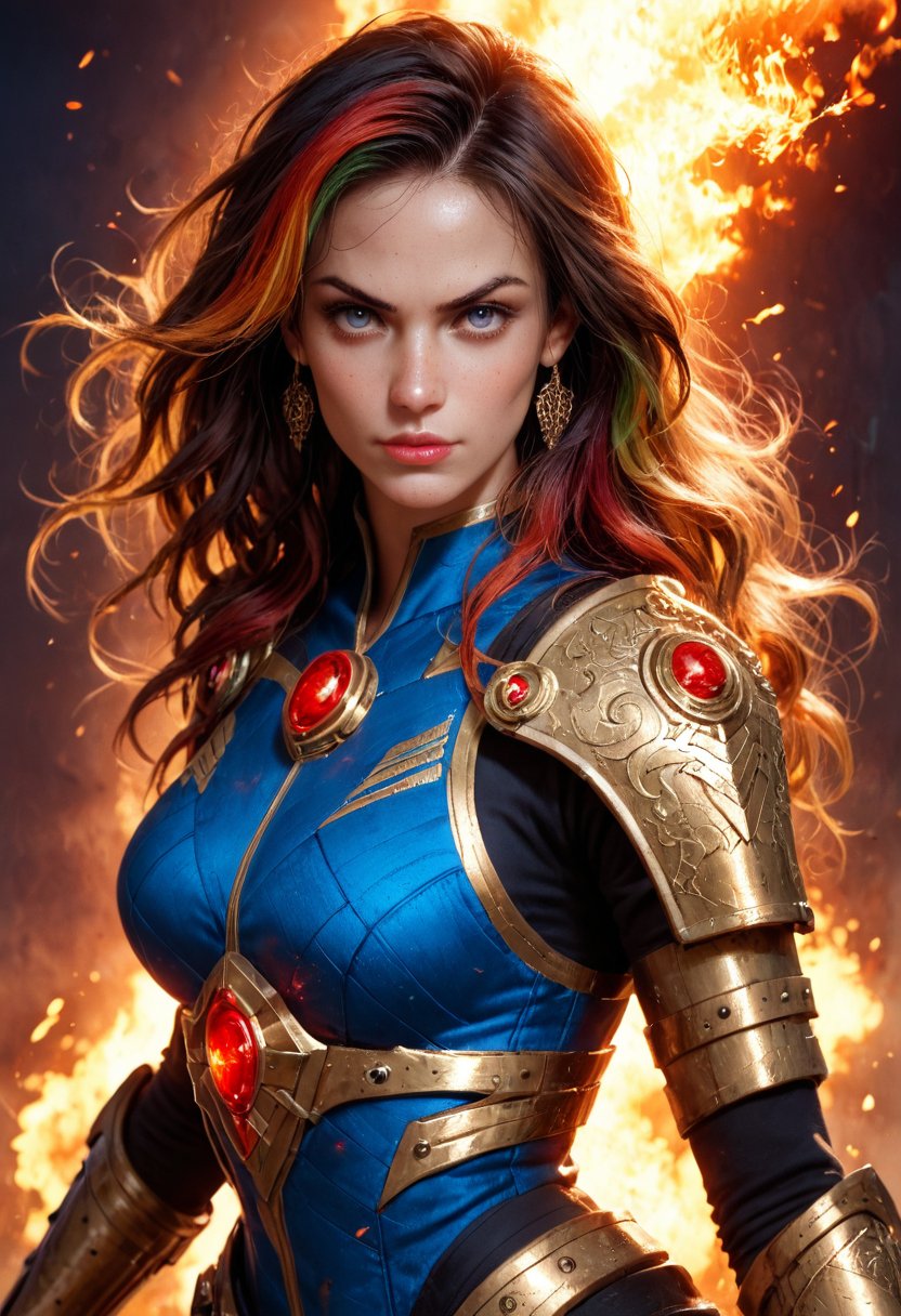 score_9, score_8_up, score_7_up, (unreal engine:1.5)
Fiery warrior woman, intense gaze, flowing wavy rainbow hair, detailed armor with golden accents, (glowing embers:1.5), dynamic lighting, (intricate design:1.5), fantasy art, pointing at viewer, furrowed brow, v-shaped eyebrows, looking at viewer, intense, (dynamic pose:2), fighting stance,