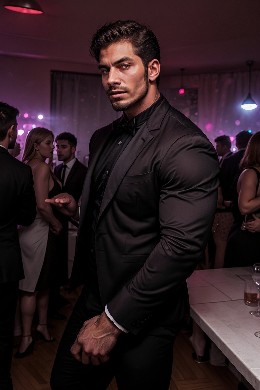 Handsome man, wearing black suit in night party,  muscular man, 