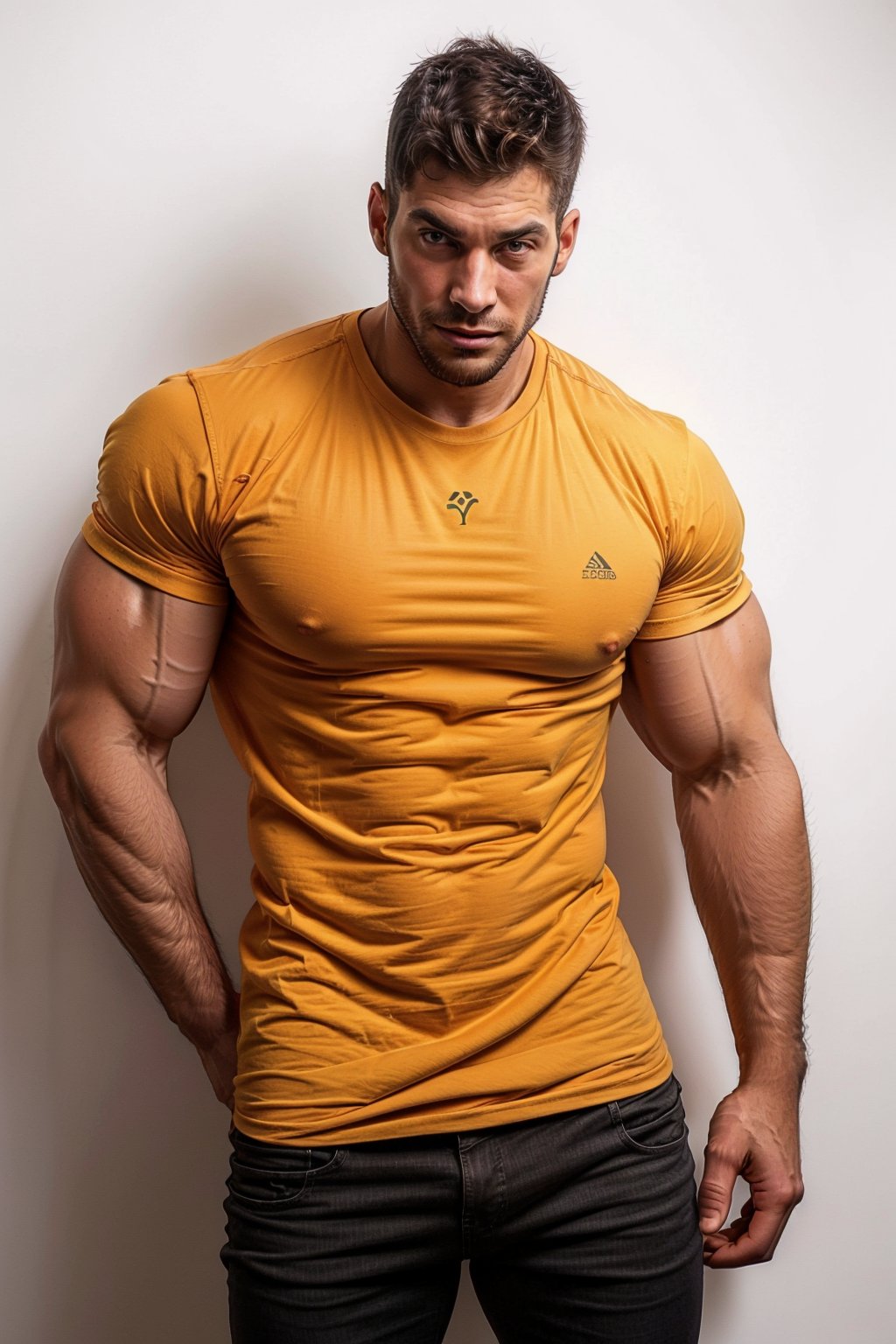 Handsome man, wearing yellow t-shirt, white background,  muscular man, 