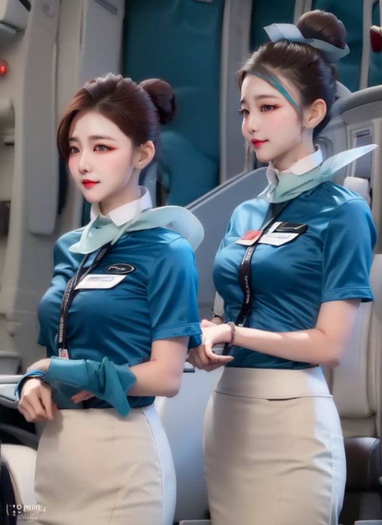 1 slim flight crew with beautiful face, single hair bun hair, black hair, wearing (blue stain shirt) and (white pencil skirt), silk scarf, name tag, flight badge, (hairpin), elegant posture, solo, best anatomy, from front, in flight