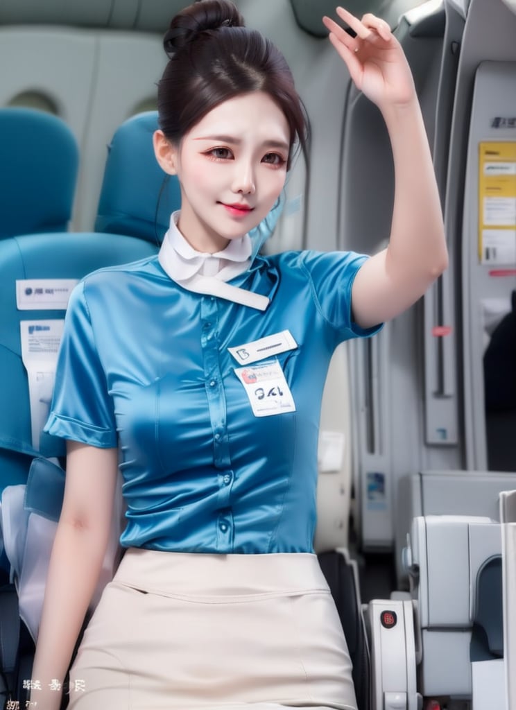 1 slim flight crew with beautiful face, single hair bun hair, black hair, wearing (blue stain shirt) and (white pencil skirt), silk scarf, name tag, flight badge, (hairpin), elegant posture, solo, best anatomy, from front, in flight