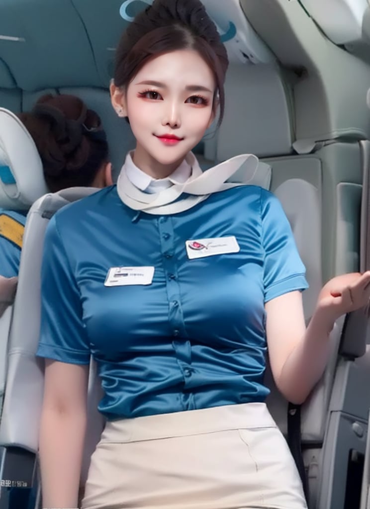 1 slim flight crew with beautiful face, single hair bun hair, black hair, wearing (blue stain shirt) and (white pencil skirt), silk scarf, name tag, flight badge, (hairpin), elegant posture, solo, best anatomy, from front, in flight