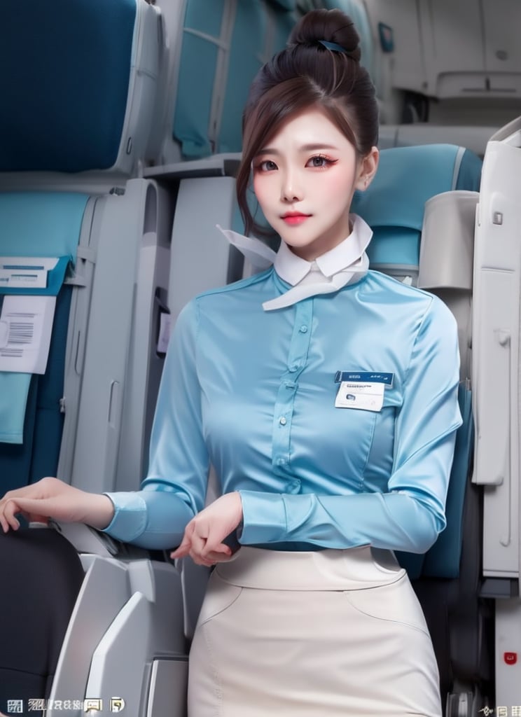 1 slim flight crew with beautiful face, single hair bun hair, black hair, wearing (blue stain shirt) and (white pencil skirt), silk scarf, name tag, flight badge, (hairpin), elegant posture, solo, best anatomy, from front, in flight