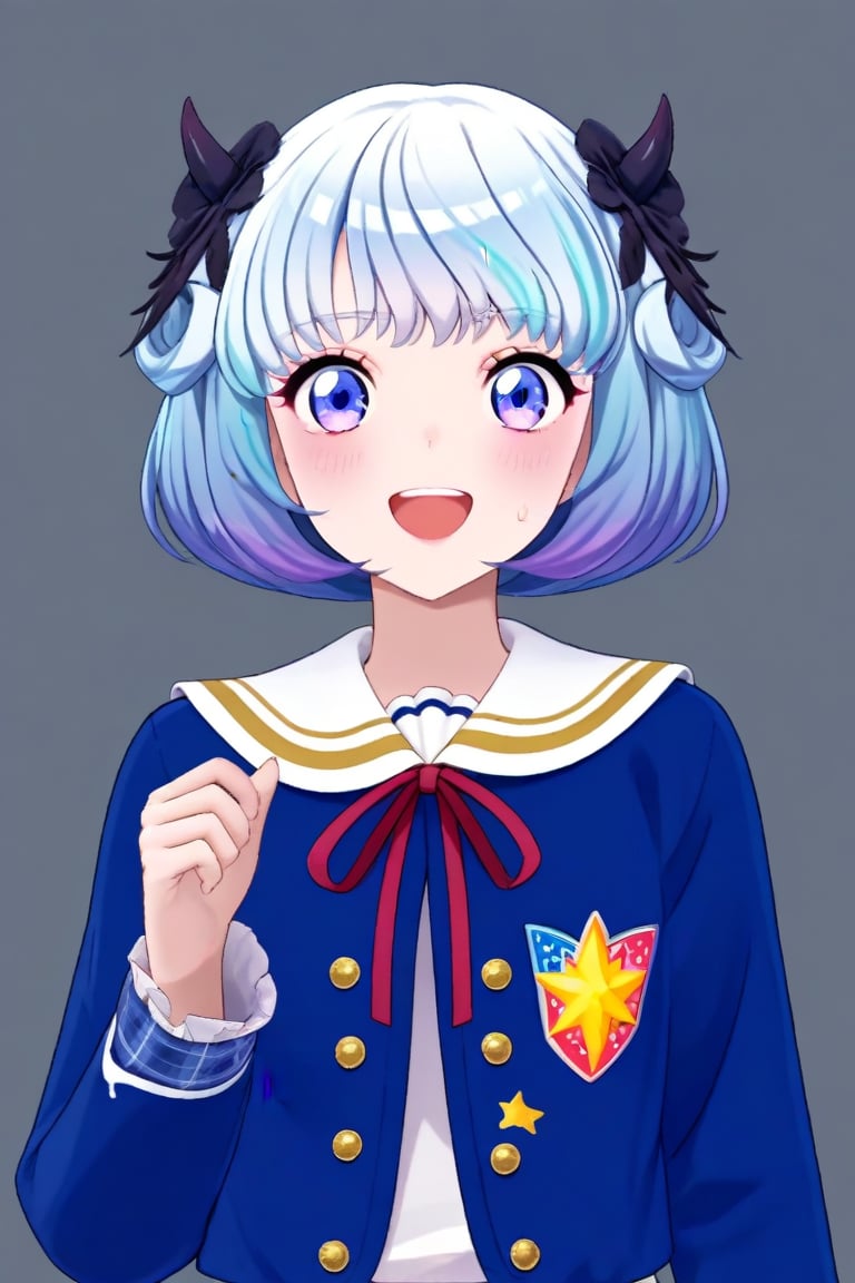 score_9, score_8_up, score_7_up, score_6_up, score_5_up, score_4_up , mamimuneh, 1girl, solo, (upper body:1.2)  ,   smile, long gradient hair, short hair, bow, hair bow, open mouth ,  looking at viewer , huge breats,  , embarassed, blush, sweat, looking at viewer,    blue jacket,  , sfw
