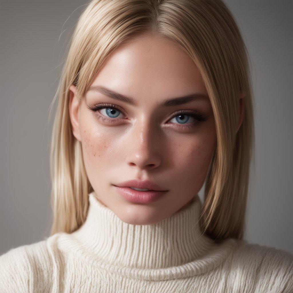 beautiful attractive woman, perfect eyes, portrait, medium shot, cowboy shot, long blonde hair, parted lips, (freckles:0.8), (blue eyes:0.5), aesthetic jawline, sharp chin, fair skin, birthmark on cheeks, visible ears, wearing white sweater, front lighting, living room background, (best quality, 4K, 8K, high-resolution, masterpiece), ultra-detailed, best detailed, details, skin detailed, natural skin, RAW photo, photorealism, photorealistic, intricate, elegant, highly detailed, insane details, intricate details, hyper detailed, photogenic_LDG