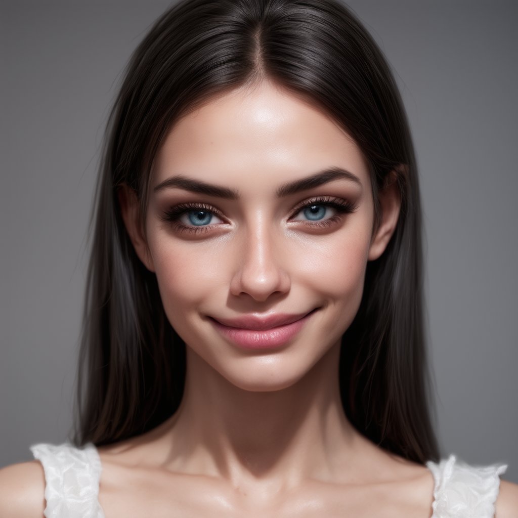 beautiful attractive woman, perfect eyes, portrait, smile, long black messy hair, parted lips, (freckles:0.8), (blue eyes:1.4), aesthetic jawline, sharp chin, fair skin, birthmarks, visible ears, wearing white dress, soft cinematic lighting, grey background, (best quality, 4K, 8K, high-resolution, masterpiece), ultra-detailed, best detailed, details, skin detailed, photorealism, photorealistic, intricate, elegant, highly detailed, insane details, intricate details, hyper detailed, photogenic_LDG