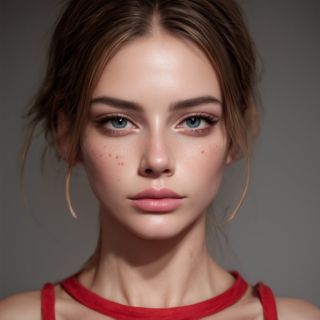 beautiful attractive woman, perfect eyes, portrait, profile, long brown messy hair, parted lips, (freckles:0.8), (blue eyes:1.4), aesthetic jawline, sharp chin, fair skin, birthmarks, visible ears, wearing red dress, soft cinematic lighting, grey background, (best quality, 4K, 8K, high-resolution, masterpiece), ultra-detailed, best detailed, details, skin detailed, photorealism, photorealistic, intricate, elegant, highly detailed, insane details, intricate details, hyper detailed, photogenic_LDG