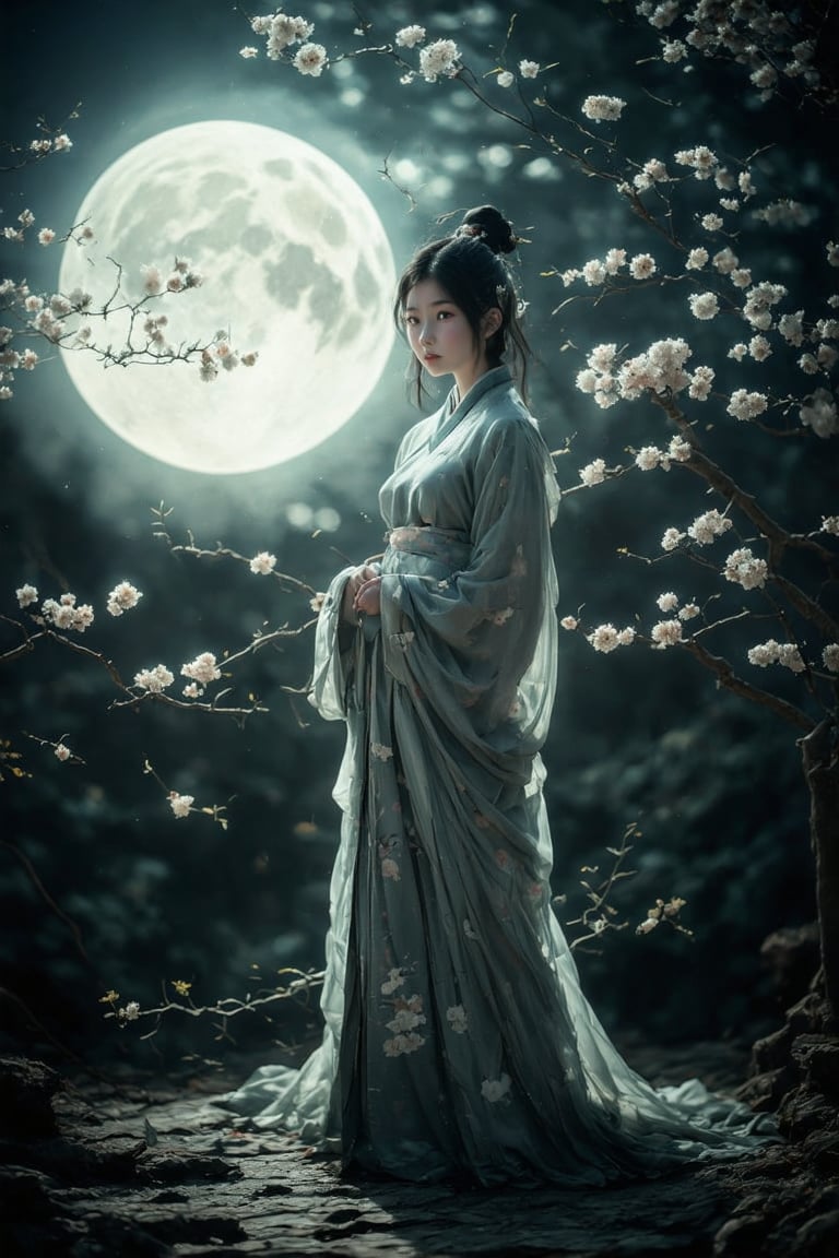 A serene East Asian-inspired scene: a young woman stands tall in the foreground, her face illuminated by the soft glow of the full moon hovering above. Her bright, shining eyes and glossy lips are the focal point, with a blurred background adding depth to the composition. Traditional media techniques bring a sense of nostalgia to this trending ArtStation piece, capturing the subject's entire figure in a stunning, atmospheric setup.