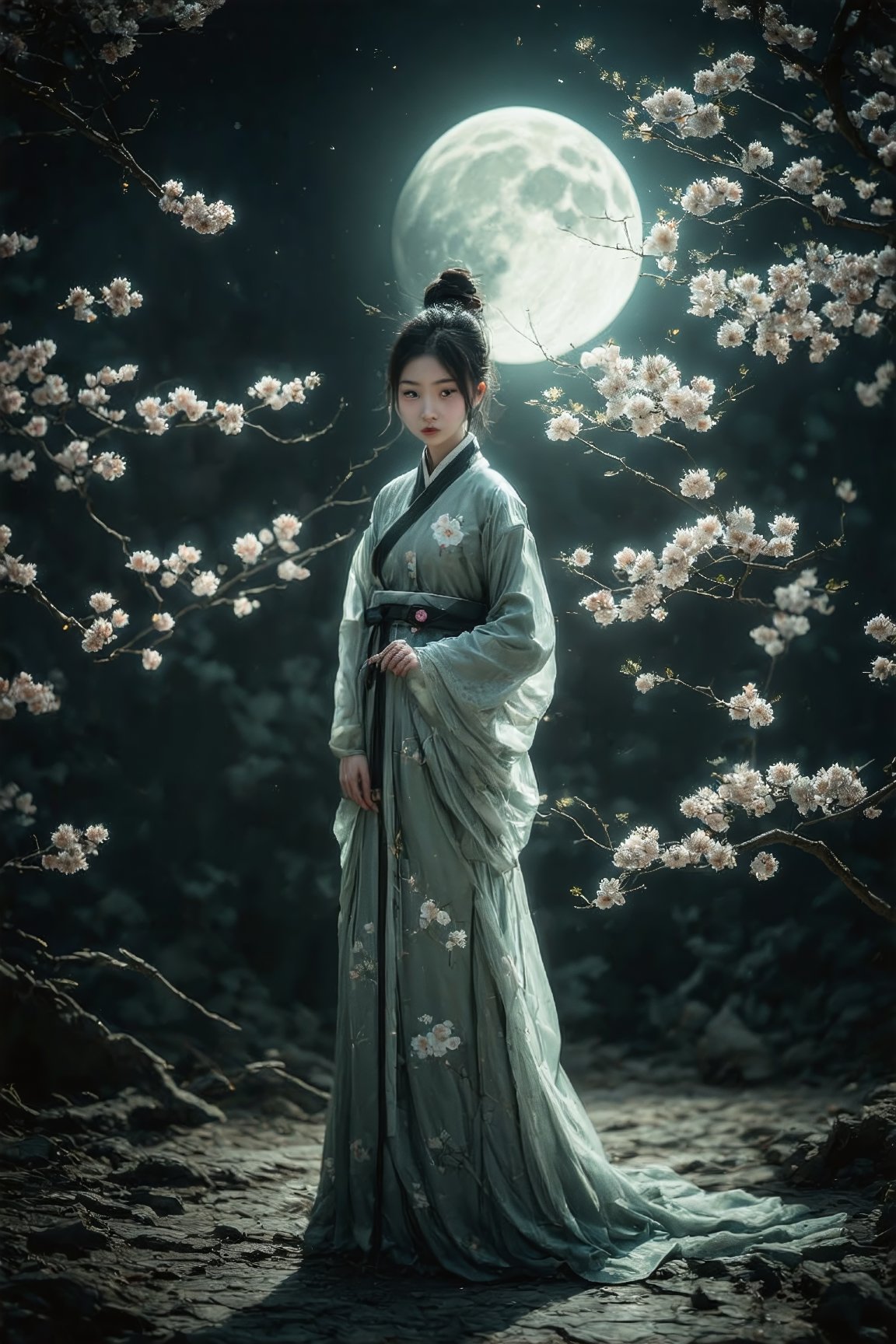 A serene East Asian-inspired scene: a young woman stands tall in the foreground, her face illuminated by the soft glow of the full moon hovering above. Her bright, shining eyes and glossy lips are the focal point, with a blurred background adding depth to the composition. Traditional media techniques bring a sense of nostalgia to this trending ArtStation piece, capturing the subject's entire figure in a stunning, atmospheric setup.