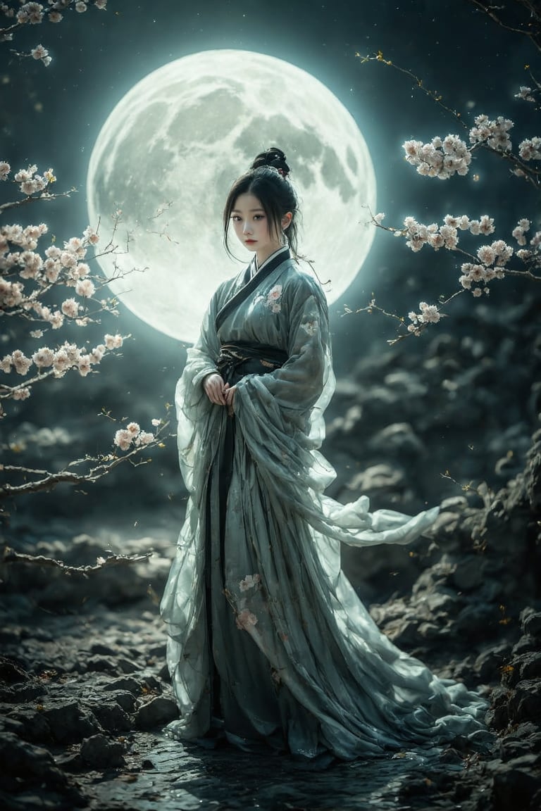 A serene East Asian-inspired scene: a young woman stands tall in the foreground, her face illuminated by the soft glow of the full moon hovering above. Her bright, shining eyes and glossy lips are the focal point, with a blurred background adding depth to the composition. Traditional media techniques bring a sense of nostalgia to this trending ArtStation piece, capturing the subject's entire figure in a stunning, atmospheric setup.