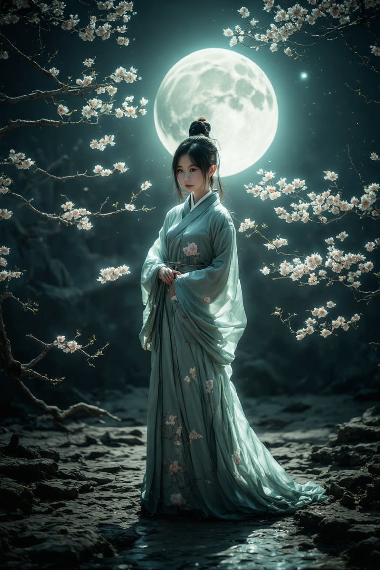 A serene East Asian-inspired scene: a young woman stands tall in the foreground, her face illuminated by the soft glow of the full moon hovering above. Her bright, shining eyes and glossy lips are the focal point, with a blurred background adding depth to the composition. Traditional media techniques bring a sense of nostalgia to this trending ArtStation piece, capturing the subject's entire figure in a stunning, atmospheric setup.