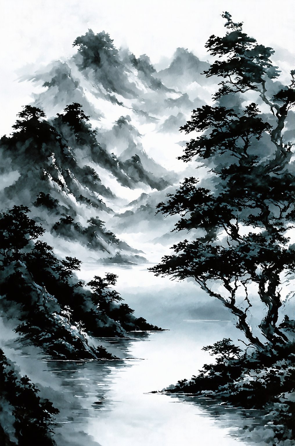 landscape, masterpiece quality, majestic landscape, sumi art style, Ink art