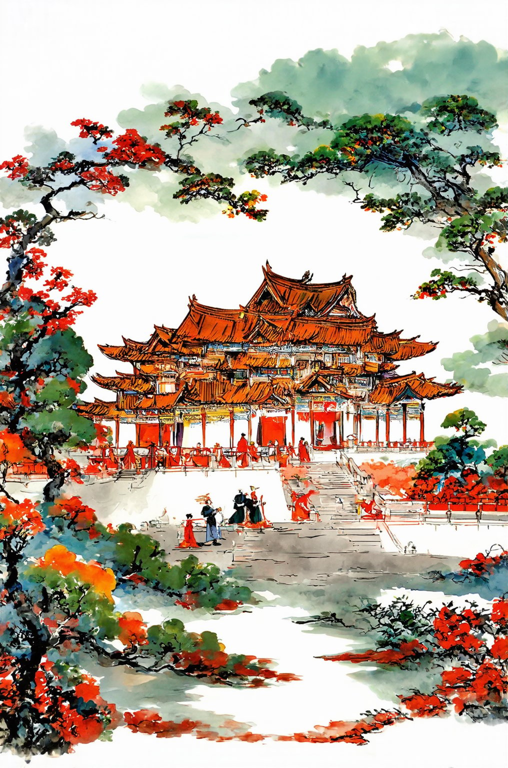 landscape, masterpiece quality, majestic landscape, palace in background, colorful, sumi art style, Ink art