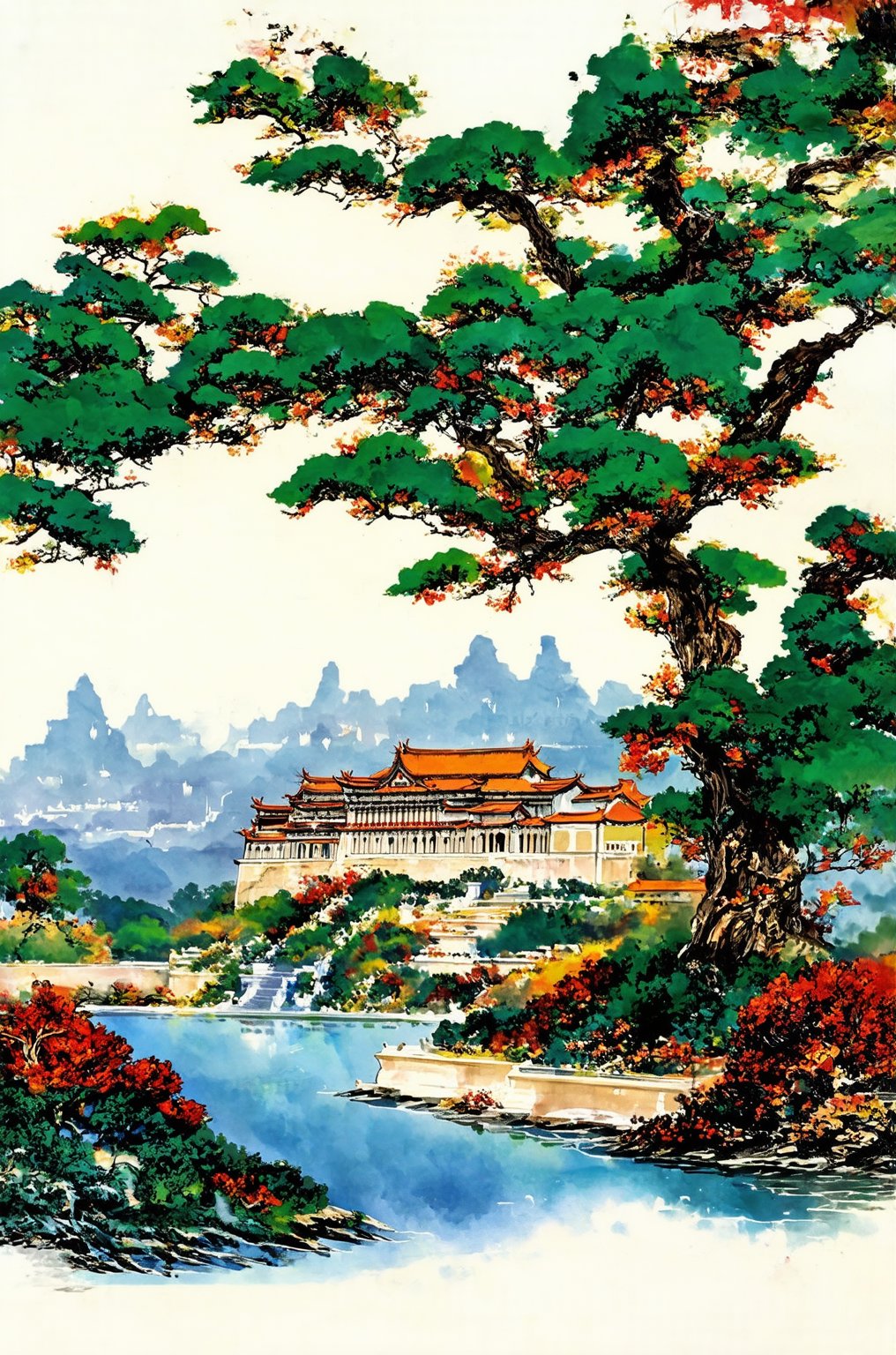 landscape, masterpiece quality, majestic landscape, palace in background, colorful, sumi art style, Ink art