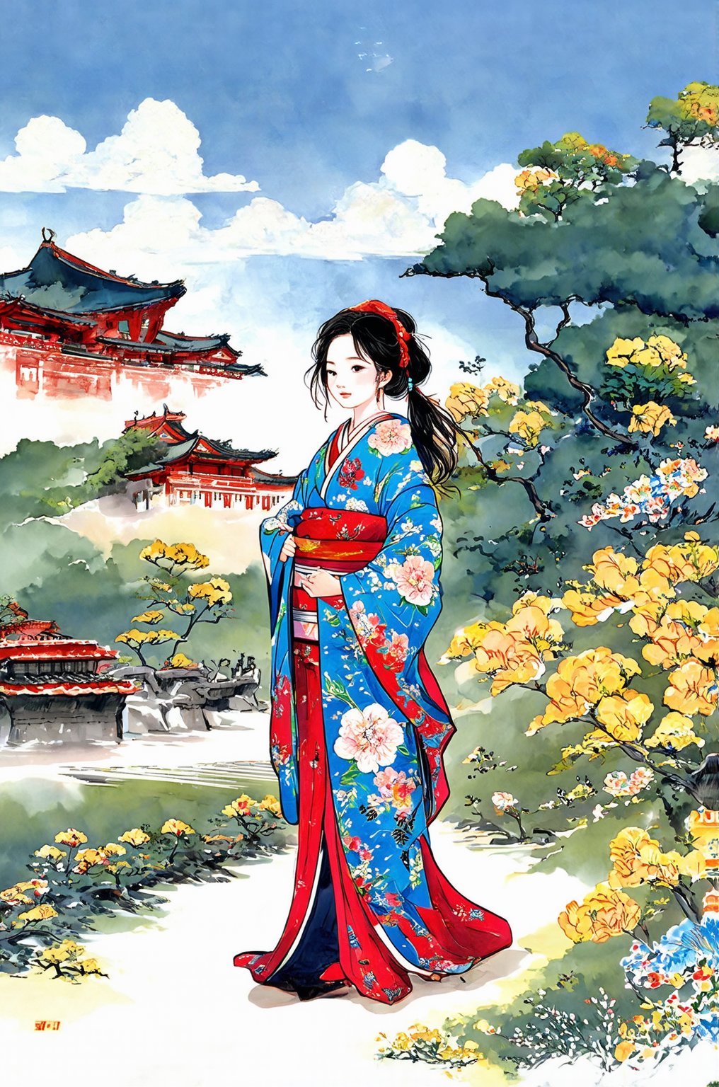 1girl, kimono, masterpiece quality, majestic landscape, palace in background, colorful, ((sumi art style)), Ink art