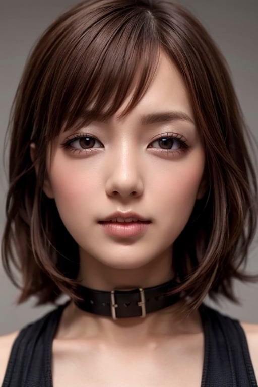 1girl solo brown hair closed mouth grey background collar lips realistic ,beauty,yui,masterpiece,best quality,tyl