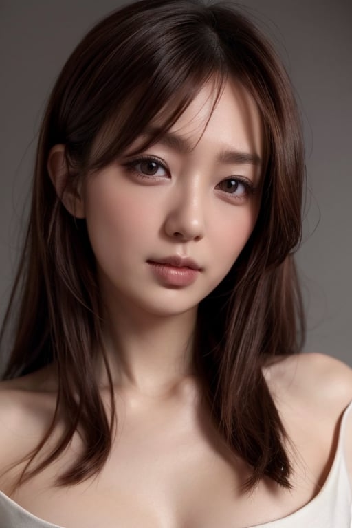 1girl solo brown hair closed mouth grey background collar lips realistic ,beauty,yui,masterpiece,best quality,tyl