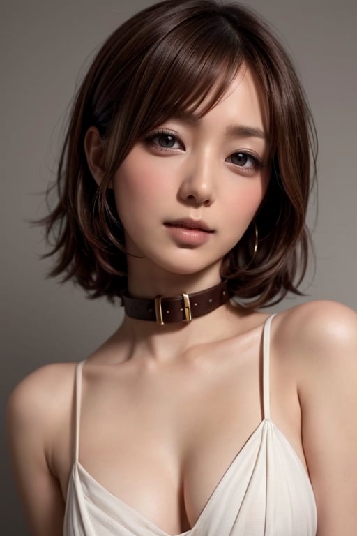 1girl solo brown hair closed mouth grey background collar lips realistic ,beauty,yui,masterpiece,best quality,tyl