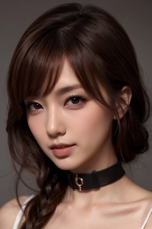 1girl solo brown hair closed mouth grey background collar lips realistic ,beauty,yui,masterpiece,best quality,tyl