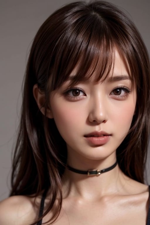 1girl solo brown hair closed mouth grey background collar lips realistic ,beauty,yui,masterpiece,best quality,tyl