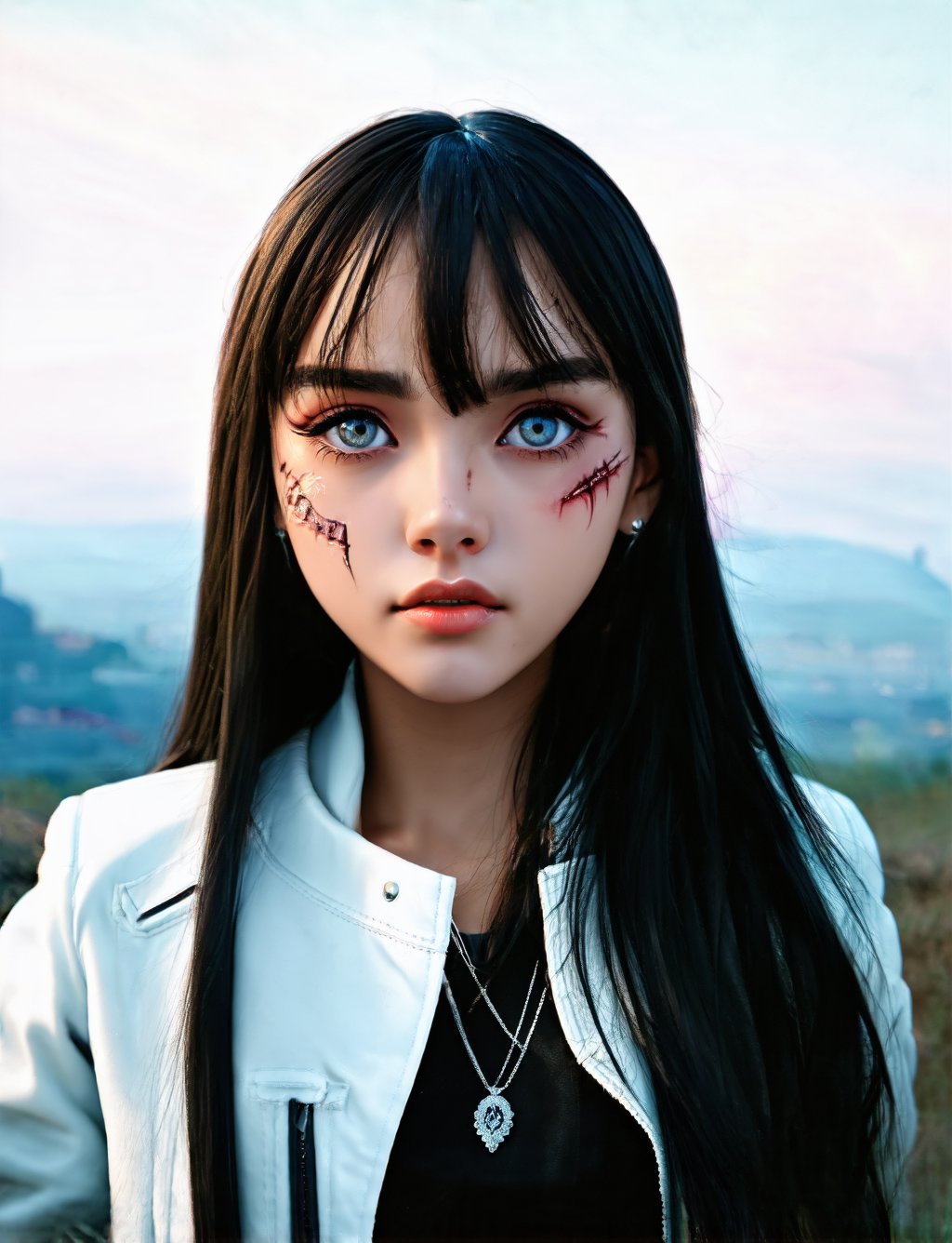 masterpiece, highres, screen shot, best quality, 1girl, (scar on left eye), , white cropped jacket, highly detailed, rule of thirds, jewelry, long hair, bangs, hair between eyes