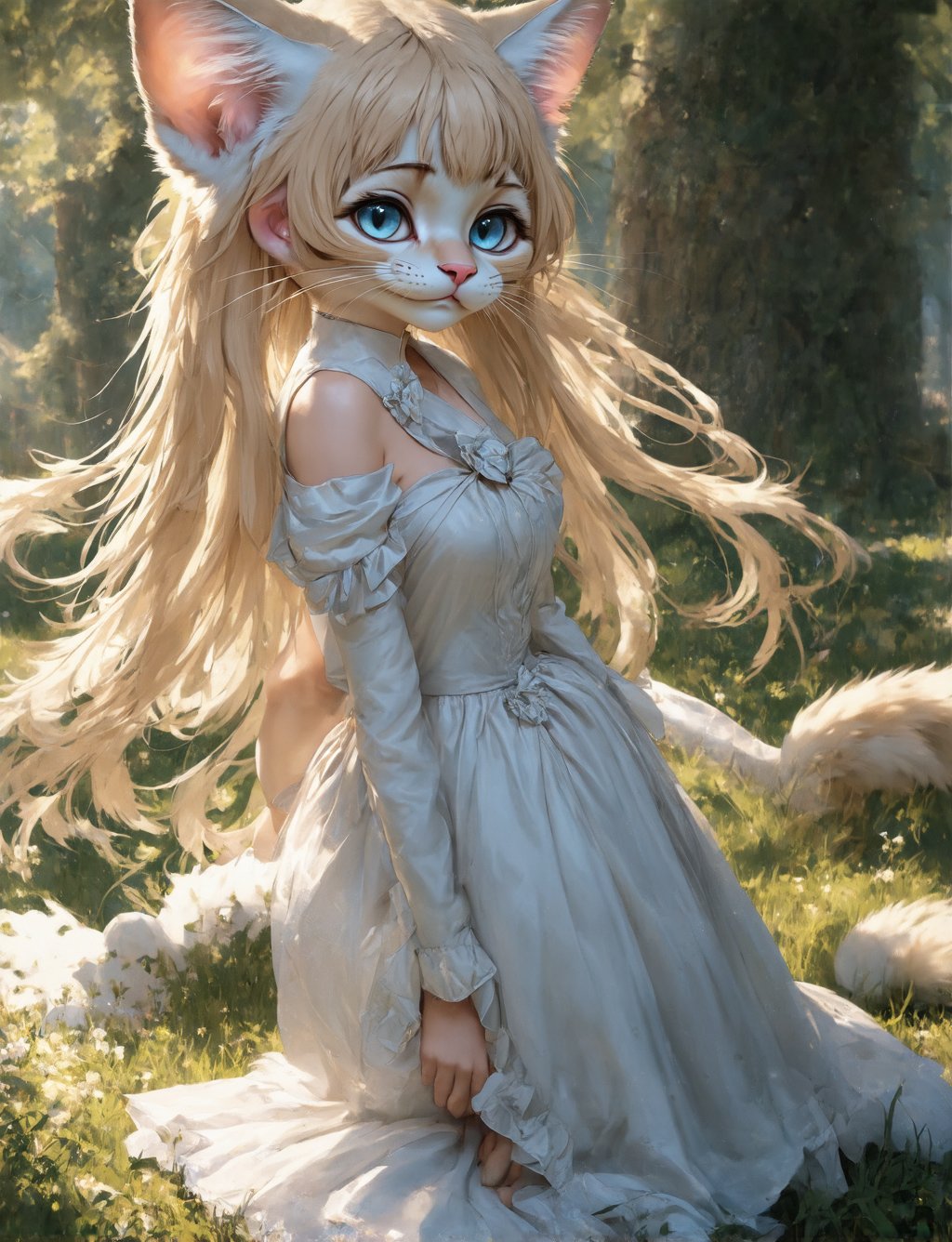 a beautiful anime girl, cat girl, with long hair, detailed facial features, piercing blue eyes, sharp cat-like ears, delicate facial expression, elegant pose, intricate dress, flowing fabric, detailed fur on cat ears and tail, (best quality,4k,8k,highres,masterpiece:1.2),ultra-detailed,(realistic,photorealistic,photo-realistic:1.37),detailed background, lush forest, magical forest clearing, soft lighting, warm color palette, cinematic composition