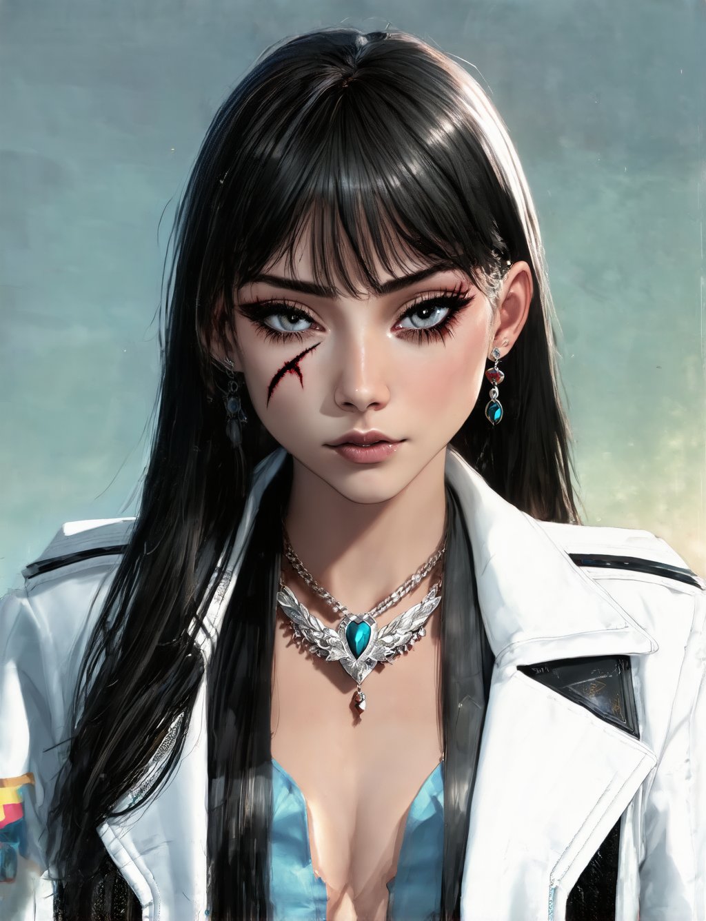 masterpiece, highres, screen shot, best quality, 1girl, (scar on left eye), , white cropped jacket, highly detailed, rule of thirds, jewelry, long hair, bangs, hair between eyes