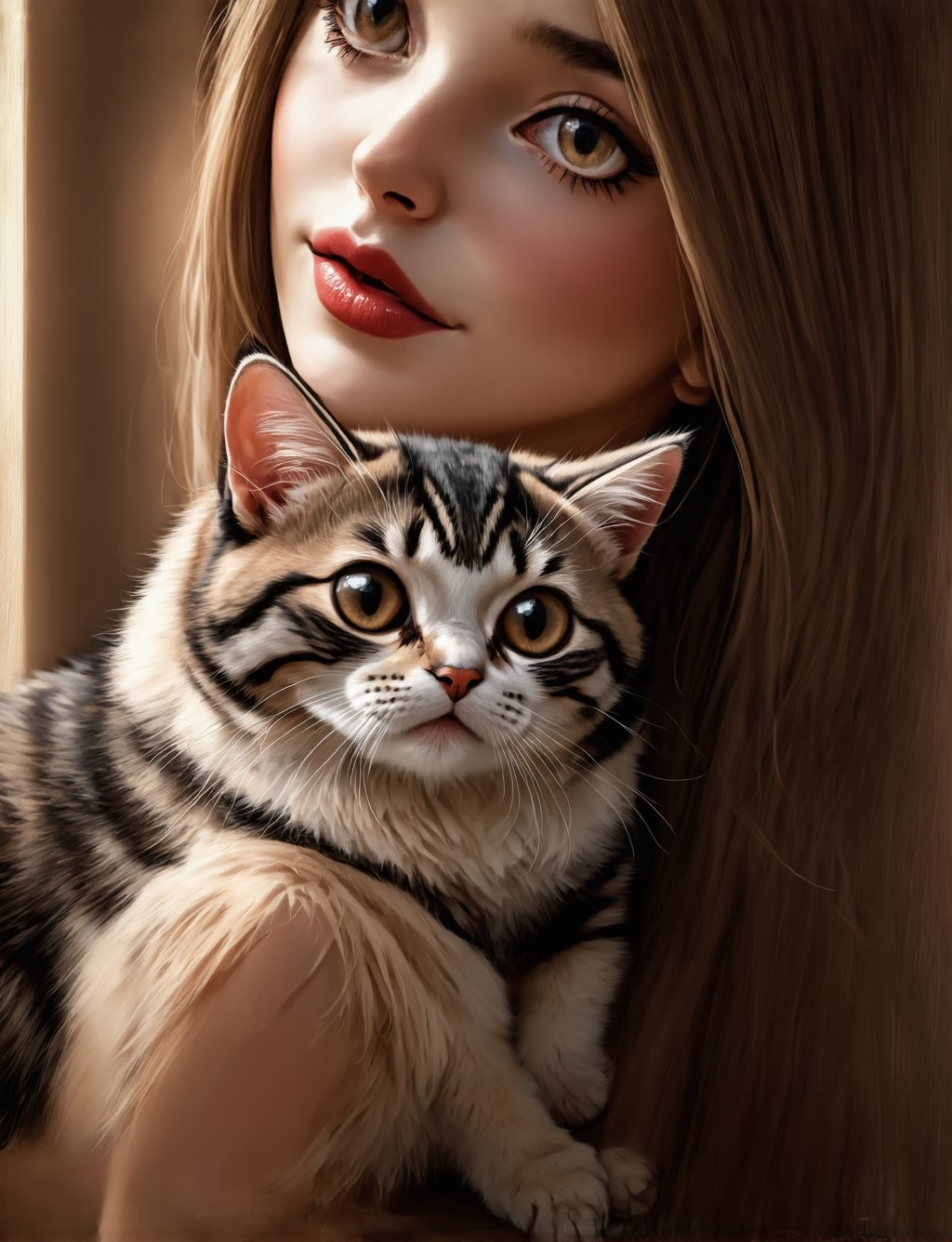 a beautiful girl with a cute cat, detailed eyes, detailed lips, long eyelashes, intricate hair, beautiful detailed portrait, highly detailed, 8k, photorealistic, professional digital painting, warm color palette, soft lighting, serene expression, delicate features, elegant dress, sitting in a cozy interior, pet cat on her lap, feline companion, portrait style, dramatic lighting, stunning realism