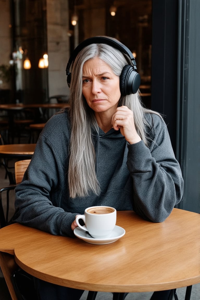 score_9, score_8_up, score_7_up,
expressive eyes, perfect face, cinematic lighting, volumetric lighting, bloom, post processing, Expressiveh, firefly hsr, long hair,grey hair,,black hairband, mature female, sitting, table, hand on chin,, dynamic pose, (grey oversized hoodie, long sleeves), , worried expression, closed mouth, wireless headphones, listening to music, café, coffee, solo,