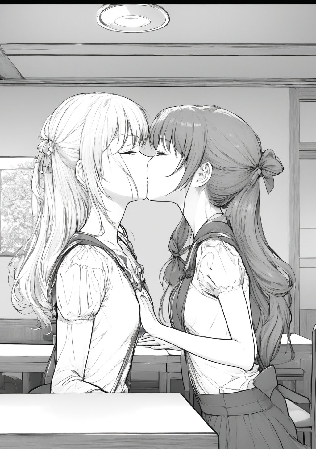 (from_below:1.2), (ceiling:1.2), 2girls, kissing, tongue, lips, chin, nose, close up, multiple views, table, indoors, bookshelf, BREAK, source_anime, score_4_up, score_5_up, score_6_up, score_7_up, score_8_up, score_9,lineart, LineAniAF, manga, lineart, monochrome, black and white, colorless