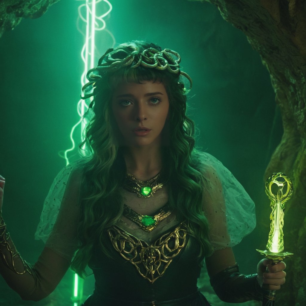 A girl, Medusa, with long snake-shaped snakes, holding a sword, mini laser beams for her eyes, sitting in a cave with emeralds that shine too much,