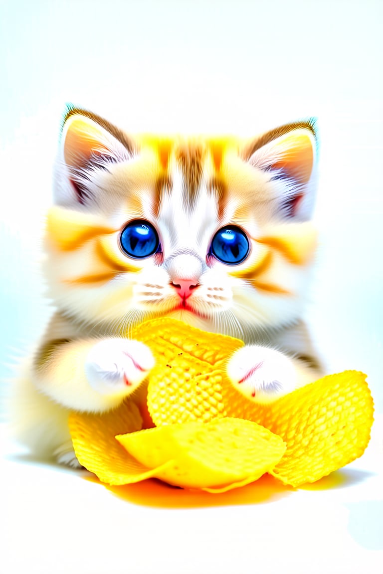 A cute fluffy big eyes so charming and adorable little fuzzy yellow white fat kitten, holding a peace potato chips enjoy to eat, white background.
