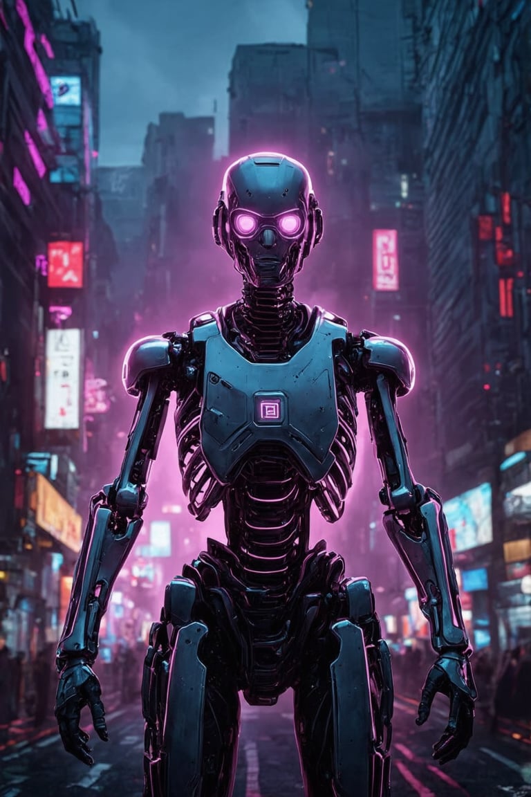 In a dystopian cyberpunk cityscape, a lone cyborg stands amidst the vibrant atmosphere of a retro-themed RAL-springfestival. The subject's metallic endoskeleton is shrouded in a haze of soft lighting, as if bathed in the glow of neon-lit ral- springfestival Neon Mauve outlines. A RAW photo captures the high-quality image on Fujifilm XT3, with 8K UHD resolution and subtle film grain. Retro fabric textures blend seamlessly with the futuristic cybernetic enhancements, as if the cyborg's very being is made of RAL-smlvltnpls.