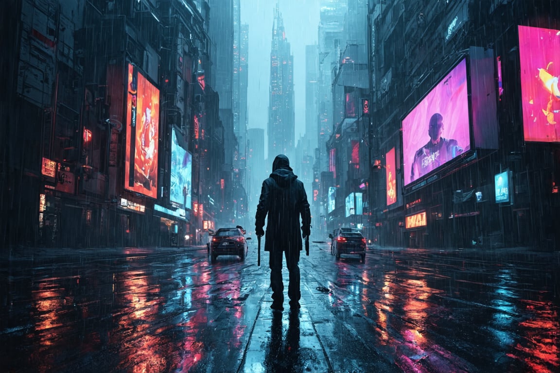 A gritty cyberpunk metropolis sprawls across the frame, neon lights reflecting off wet asphalt as rain-soaked streets glisten like a dystopian canvas. Towering skyscrapers loom in the background, their sharp angles and LED billboards a testament to human innovation and desperation. In the foreground, a lone figure - a hacker or rebel - stands defiantly amidst the chaos, backlit by a flickering holographic ad.