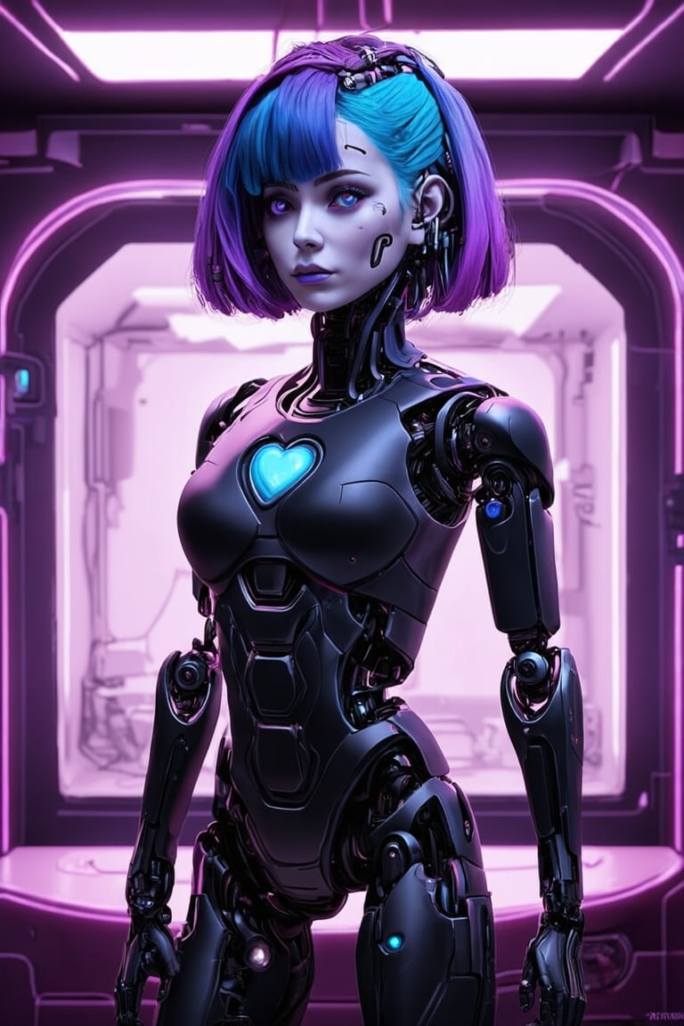 ((Cyberpunk female, full body, dutch angle)), ((asymmetric hair, purple and blue gradient hair, human face, synthetic skin, glowing robotic hearth, covered in wires)), ((black robotic android, remains of synthetic skin on the frame)), full body, ((futuristic laboratory)), photorealistic, BadDream, cp2077, retro fabric and Neon Mauve outline