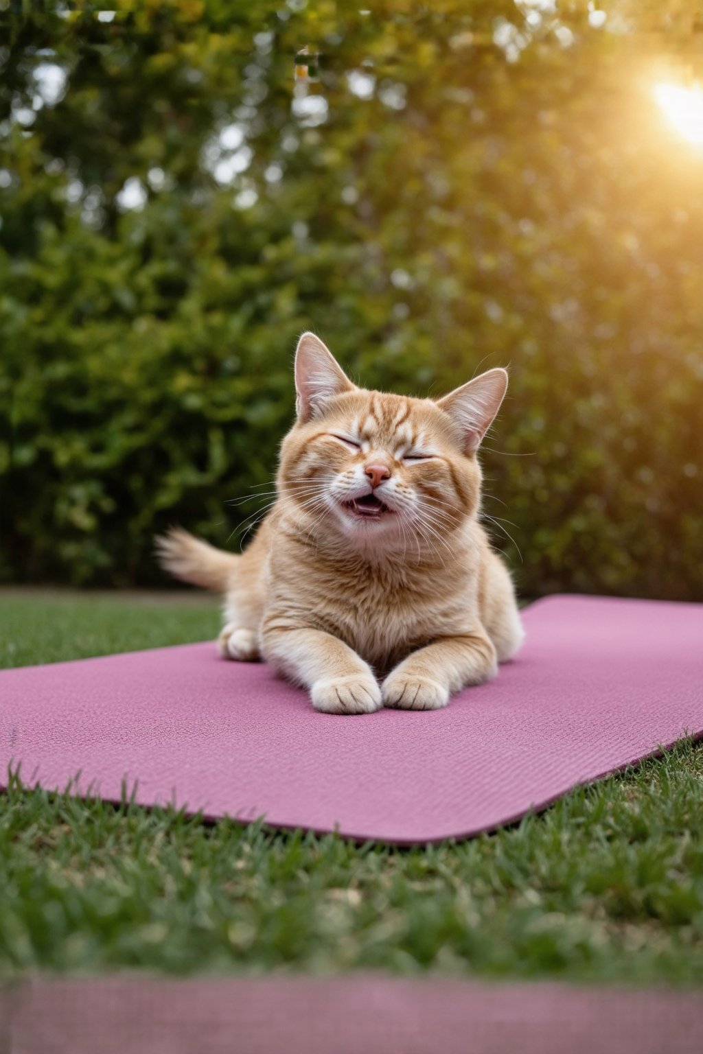 A serene and whimsical illustration of an anthropomorphic animal, possibly a cat or dog, engaging in a pilates exercise on a sunny morning, surrounded by lush greenery and warm golden light, with a soft focus effect to convey a sense of calmness and relaxation, the animal's fur a warm beige color with subtle shading, its facial features expressive and gentle, with a slight smile and closed eyes, wearing a soft pink yoga mat underneath, subtle sweat droplets on its fur to hint at the physical activity, the pilates equipment, such as a reformer or resistance bands, in muted earthy tones, blending seamlessly with the natural environment, with bold lines and playful textures to evoke a sense of joy and harmony, the overall mood tranquil and uplifting.,FuturEvoLabStyle