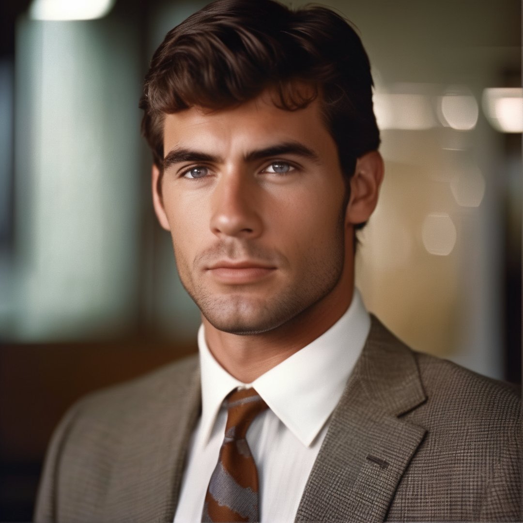 handsome man, corporate, CEO, suit and tie, salesman, young, hot, short hair, hairy, arm hair, chest hair, male model, 1980s, the office, stubble, facial hair, Al Parker, dunder mifflin, freckles, loser, sleazy, youthful, 24 years old, LOMO effect, bachelor, innocent, serial killer, scruffy, manly,

8k, cinematic lighting, very dramatic, very artistic, soft aesthetic, innocent, realistic, masterpiece, Camera settings to capture such a vibrant and detailed image would likely include Canon EOS 5D Mark IV, Lens 85mm f/1.8, f/4.0, ISO 100, 1/500 sec,hdsrmr, cinema verite, film still, ((perfect anatomy): 1.5), best resolution, maximum quality, UHD, life with detail, analog, cinematic moviemaker style