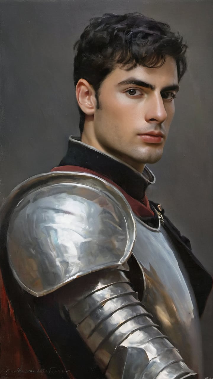 ((white knight)), a handsome man in a High Gothic silver metal plate armor in a beautiful ornemental, ((True Silver)), (((marlon teixera))), short black hair with bangs, outdoors (in a grassland filled with roses and ruins), ethereal, white aura, shiny, youthful, pale skin, thick eyebrows, soft, mythology, medieval, fantasy, young, alpha male, hot, masculine, manly, dark fantasy, 80s fantasy, high fantasy, white armor, defined jawline, crooked nose, hot, , medieval armor, art by wlop, handsome male, facing in front (portrait close-up), renaissance painting, hades armor

8k, cinematic lighting, very dramatic, very artistic, soft aesthetic, innocent, art by john singer sargent, greg rutkowski, oil painting, Camera settings to capture such a vibrant and detailed image would likely include: Canon EOS 5D Mark IV, Lens: 85mm f/1.8, f/4.0, ISO 100, 1/500 sec,hdsrmr