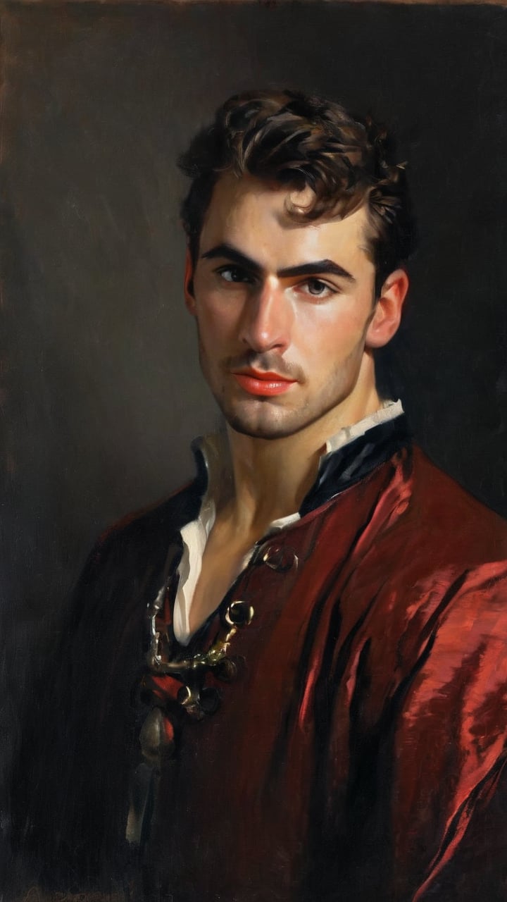 a young handsome evil sleazy hairy pirate, outdoors (dark age, ocean, ship setting), english pirate, sea captain, dark shabby red style coat, Captain hook, gypsy, spanish, conquistador, shirt open, revealing, chest hair, royalty, dirty, evil, victorean era, ethereal, manly, hairy, chest hair, youthful, stubble, 18 years old, envious, shiny, villain, pale skin, defined jawline, crooked nose, hot, captain, lustful, masculine, mythology, medieval, fantasy, young, alpha male, handsome male, high fantasy, art by wlop, facing in front ,portrait close-up, renaissance painting, masterpiece, Alex,

8k, cinematic lighting, very dramatic, very artistic, soft aesthetic, innocent, art by john singer sargent, greg rutkowski, oil painting, Camera settings to capture such a vibrant and detailed image would likely include: Canon EOS 5D Mark IV, Lens: 85mm f/1.8, f/4.0, ISO 100, 1/500 sec,pir4t4,cinematic style