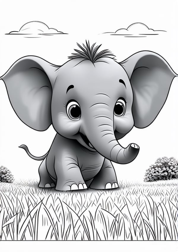 Cute Elephants in the field, Disney Pixar style, :3, no color, nature_background, no detail, outline no color, fill frame, edge to edge, coloring book, black and white coloring book, simple background