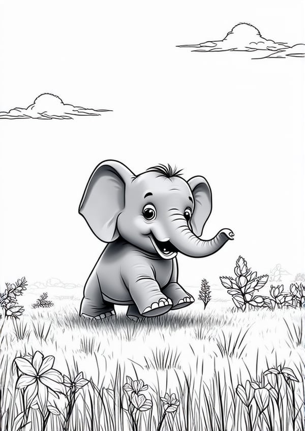 Cute Elephants playing in the Field, Disney Pixar style, :3, no color, nature_background, no detail, outline no color, fill frame, edge to edge, coloring book, black and white coloring book, simple background