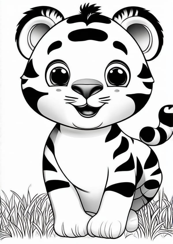 create a simple drawing of cute tigers, Disney Pixar style, with happy faces, no color, with a white background and white grass and a white tree, easy for kids to color, coloring book, black and white coloring book, simple background