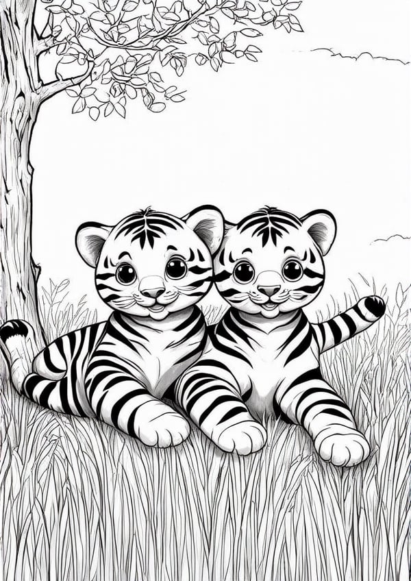 This whimsical illustration of a pair of adorable tigers lounging amidst lush green grass and towering tree trunks is presented in a classic black and white style. The endearing felines beam with joyful faces, inviting young artists to bring them to life through simple coloring exercises. The easy-to-color design features minimal background details, making it perfect for a kid-friendly coloring book, black and white coloring book, simple background