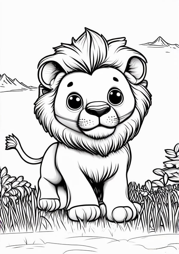 cute lions, grass, trees, mountain, white background, easy, continuous line, well defined, coloring book, black and white coloring book, simple background