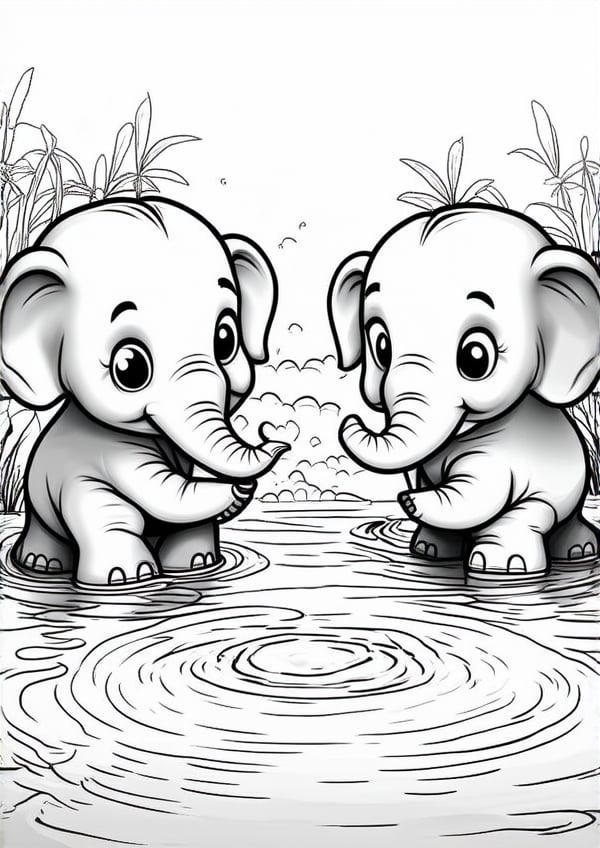 Cute Elephants playing water, :3, no color, nature_background, no detail, outline no color, fill frame, edge to edge, coloring book, black and white coloring book, simple background