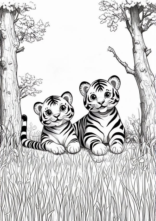 This whimsical illustration of a pair of adorable tigers lounging amidst lush green grass and towering tree trunks is presented in a classic black and white style. The endearing felines beam with joyful faces, inviting young artists to bring them to life through simple coloring exercises. The easy-to-color design features minimal background details, making it perfect for a kid-friendly coloring book, black and white coloring book, simple background