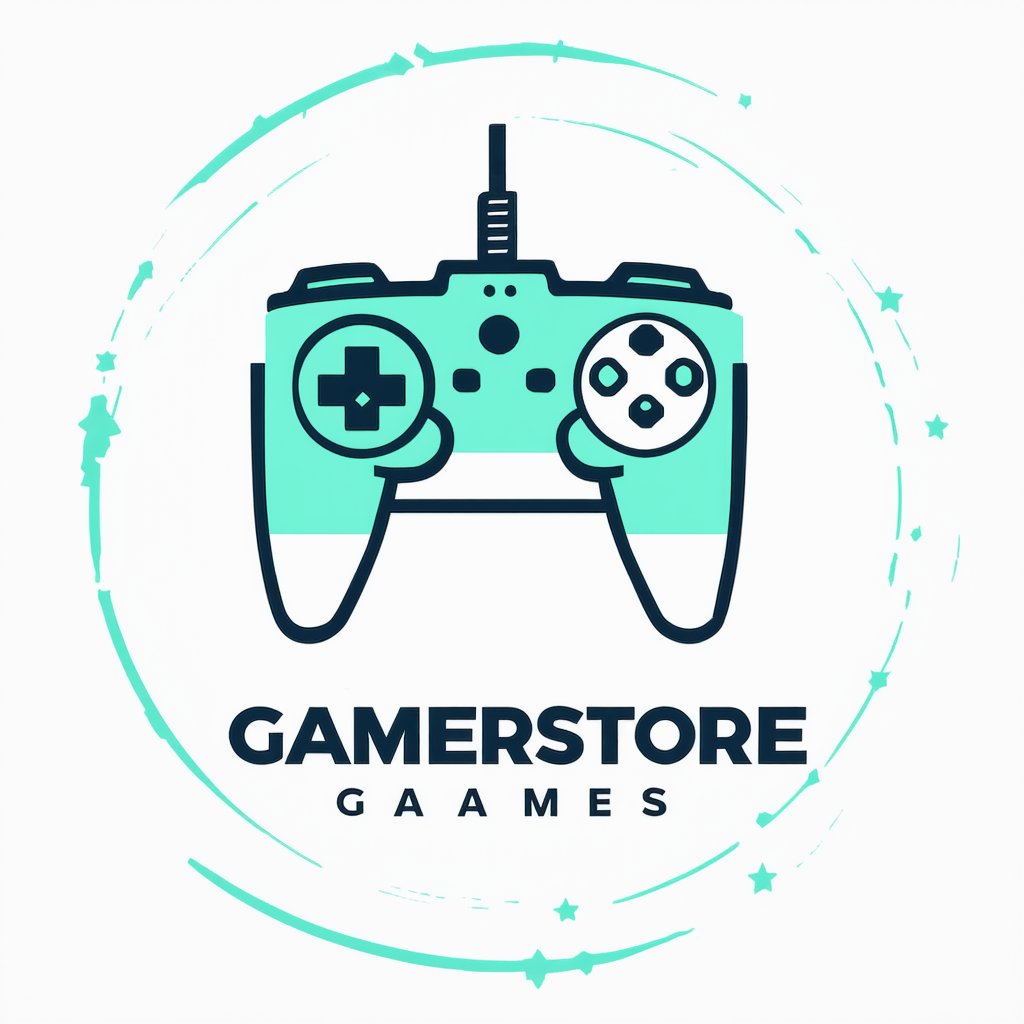 "a logo of gamer store games with minimalistic gamepad, gamepad outline with buttons and wire, gamepad on the background of a circle, on the background of a star, white background, paleturquoise, lightsteelblue foreground, minimalism, modern"