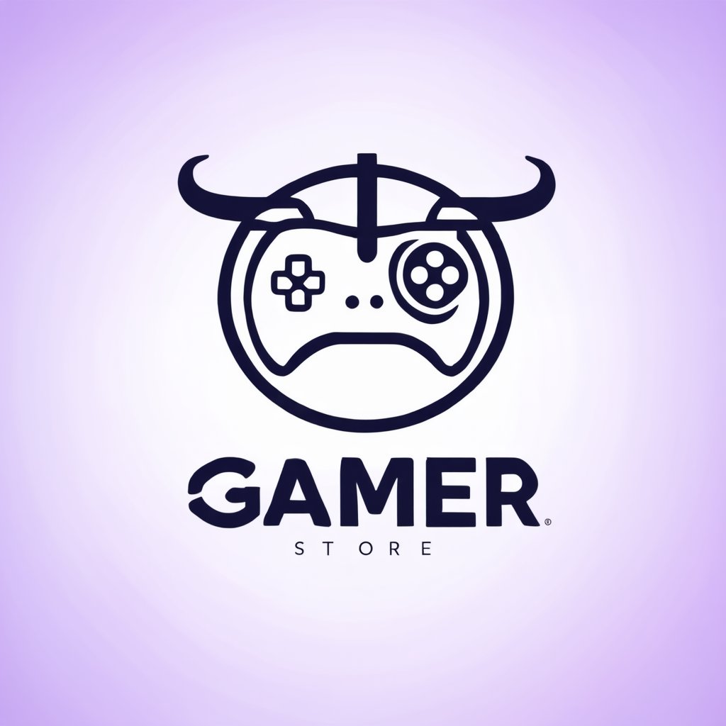 "a logo of gamer store games with minimalistic gamepad, gamepad outline, circle and horns on the background, heart on top, inscription on the bottom, white background, mediumpurple, darkgray foreground, minimalism, modern"