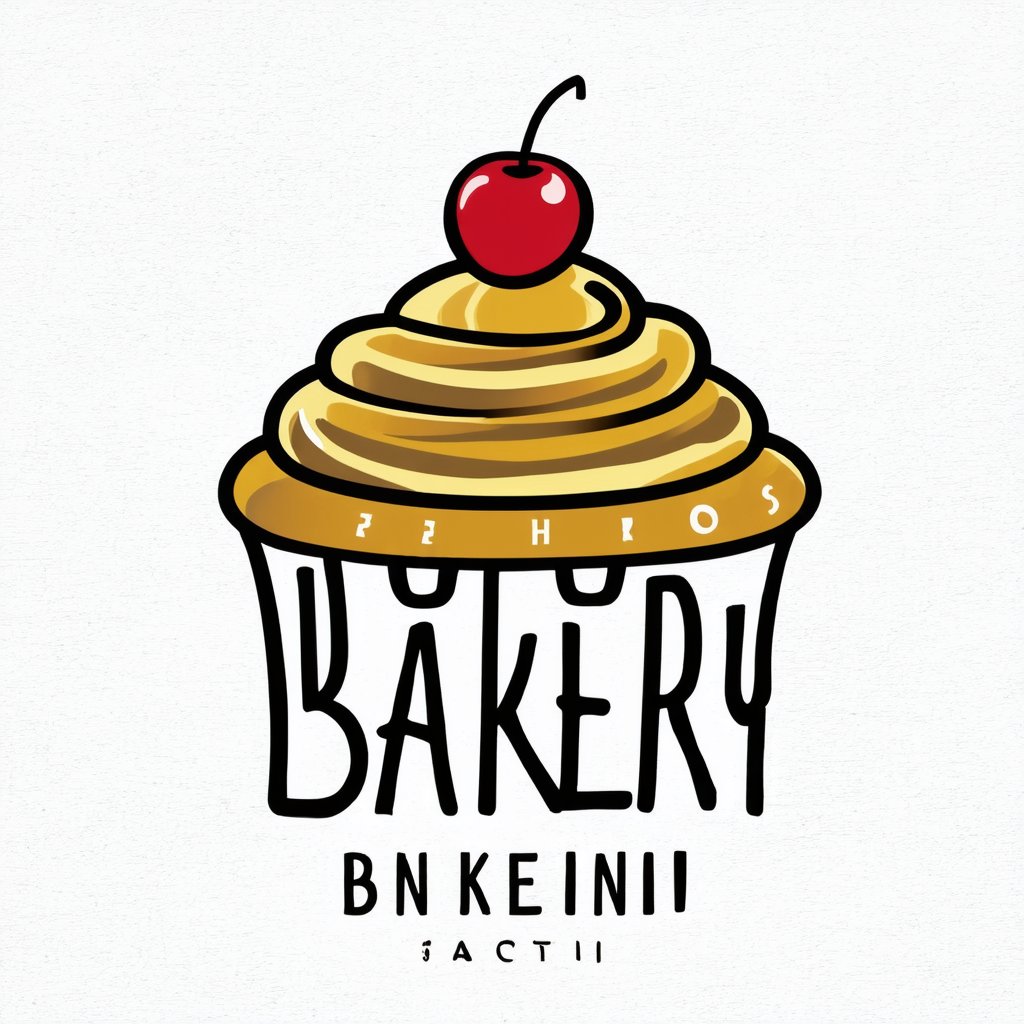 "a logo of bakery with cupcake decorated with cream, cream is divided into 3 parts, decorated with cherry on top, name on the bottom, white background, sienna, black foreground, minimalism, modern"